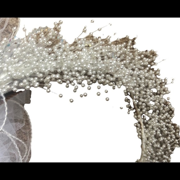 Vintage Wedding Veil Mid Length Tulle Tiny White Seed Pearls Headband 41” Ornate - Picture 5 of 8